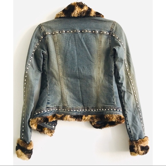 Bebe studded denim Jacket with faux fur collar - Picture 2 of 8